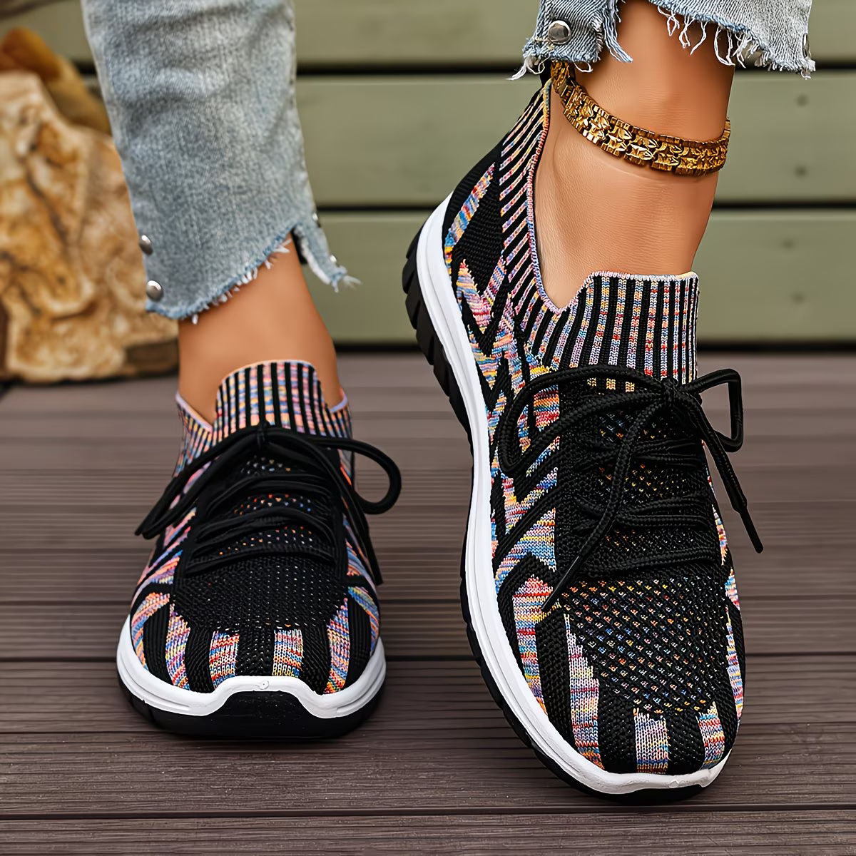 Women's Lightweight and Comfortable Multi-color Stripes Sneakers for Walking, Driving, and Daily Wear