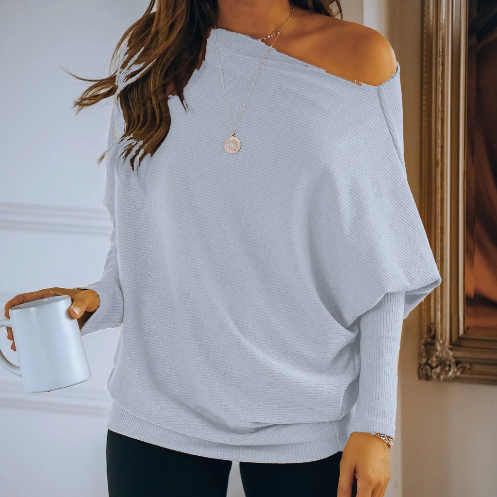 Sloping Shoulder Long-Sleeved Loose Knit Pullover Sweater