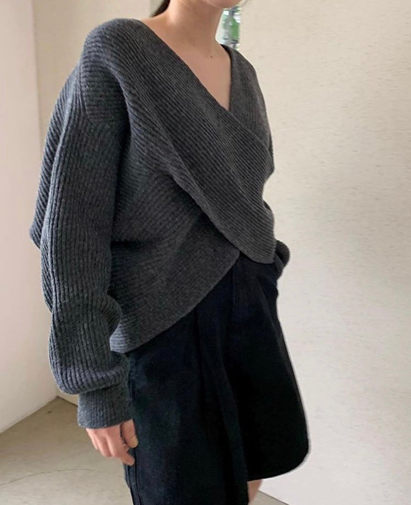 Simple Big V Neck Cross Design Loose Sweater