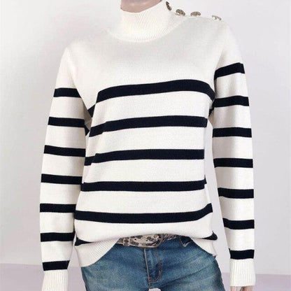 SHOULDER STRAPS BUTTON STRIPE SWEATER