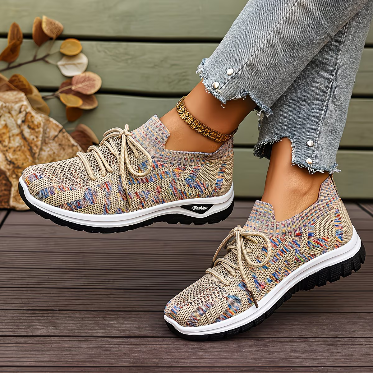 Women's Lightweight and Comfortable Multi-color Stripes Sneakers for Walking, Driving, and Daily Wear