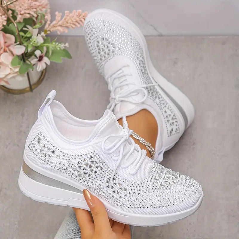 Women's Glittery Rhinestone Fashion Breathable Wedge Sneakers