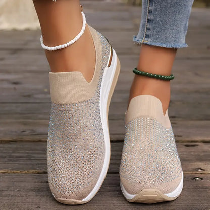 Women's Rhinestone Decor Platform Sneakers Slip-On Outdoor Shoes