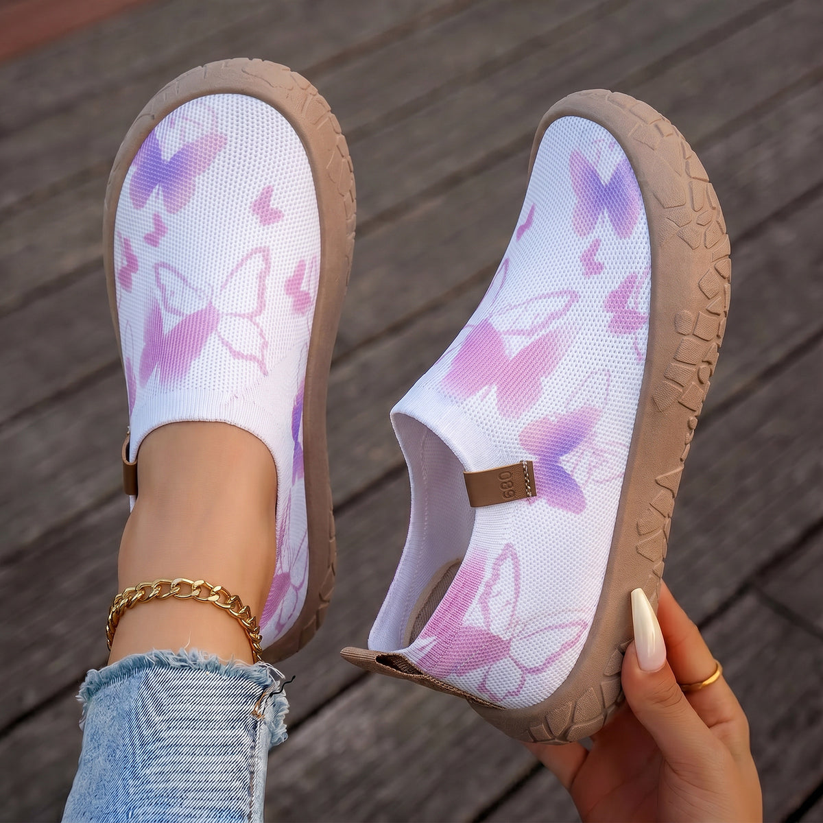 Women's Lightweight & Breathable Butterfly Print Slip‑On Walking Shoes Trainers