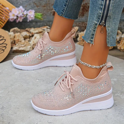 Women's Glittery Rhinestone Fashion Breathable Wedge Sneakers