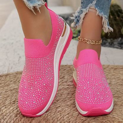 Women's Rhinestone Decor Platform Sneakers Slip-On Outdoor Shoes