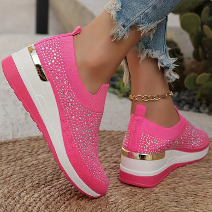 Women's Rhinestone Decor Platform Sneakers Slip-On Outdoor Shoes