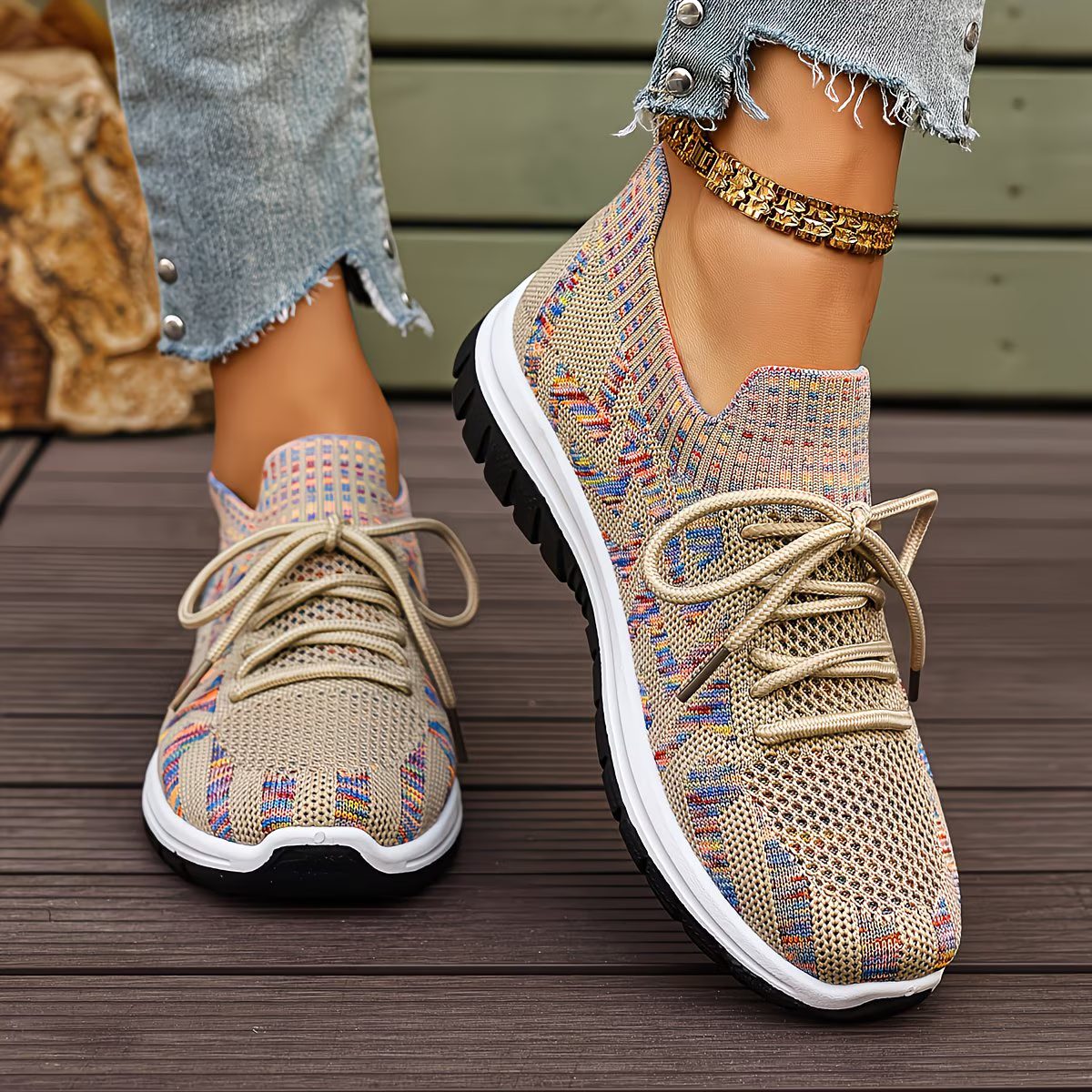 Women's Lightweight and Comfortable Multi-color Stripes Sneakers for Walking, Driving, and Daily Wear