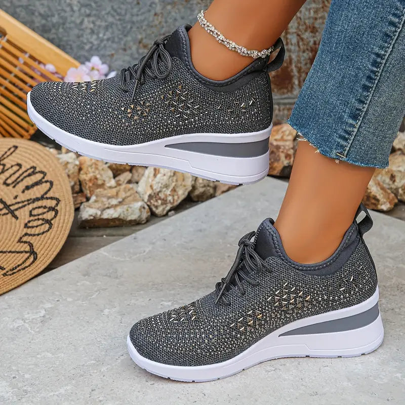 Women's Glittery Rhinestone Fashion Breathable Wedge Sneakers