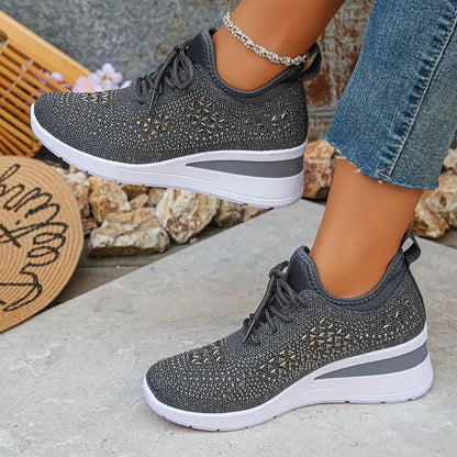 Women's Glittery Rhinestone Fashion Breathable Wedge Sneakers
