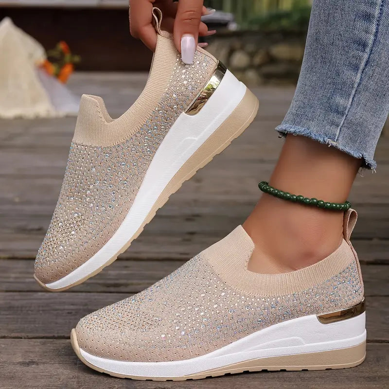 Women's Rhinestone Decor Platform Sneakers Slip-On Outdoor Shoes