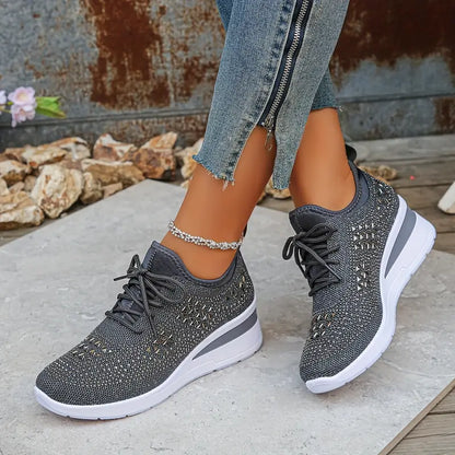 Women's Glittery Rhinestone Fashion Breathable Wedge Sneakers