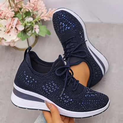Women's Glittery Rhinestone Fashion Breathable Wedge Sneakers