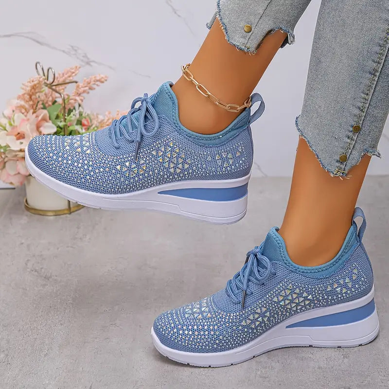Women's Glittery Rhinestone Fashion Breathable Wedge Sneakers