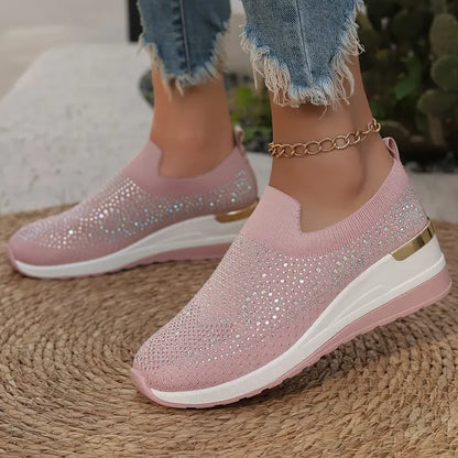 Women's Rhinestone Decor Platform Sneakers Slip-On Outdoor Shoes