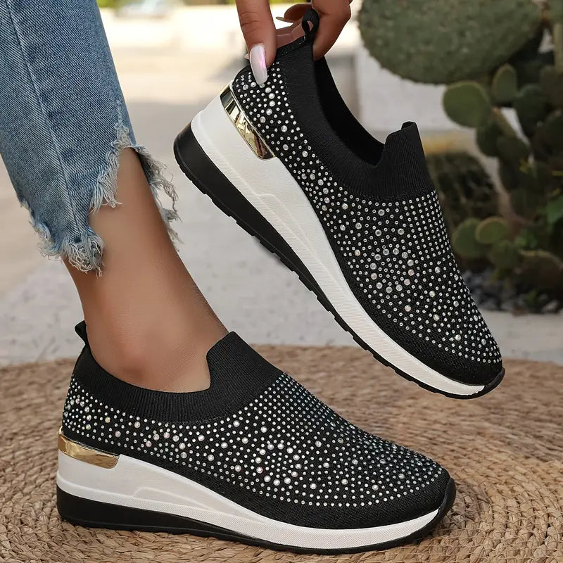 Women's Rhinestone Decor Platform Sneakers Slip-On Outdoor Shoes