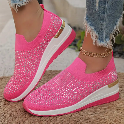 Women's Rhinestone Decor Platform Sneakers Slip-On Outdoor Shoes