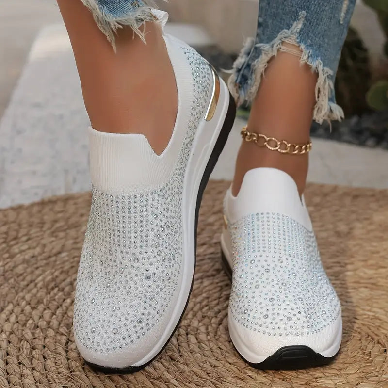 Women's Rhinestone Decor Platform Sneakers Slip-On Outdoor Shoes