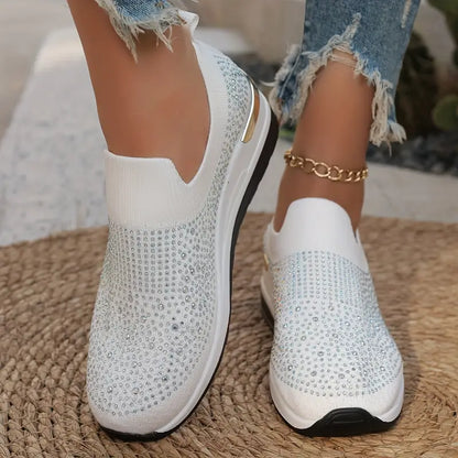 Women's Rhinestone Decor Platform Sneakers Slip-On Outdoor Shoes