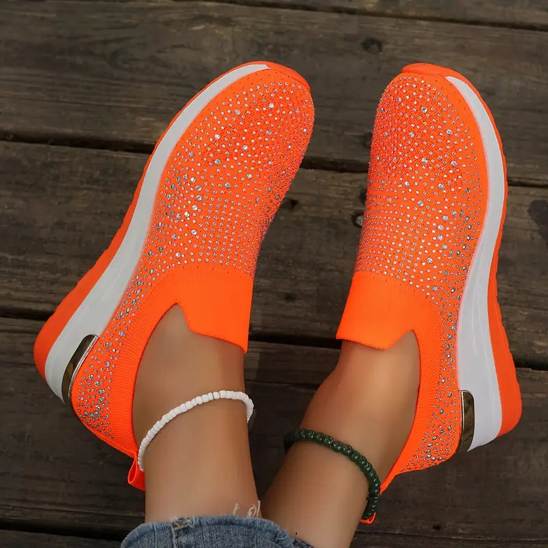 Women's Rhinestone Decor Platform Sneakers Slip-On Outdoor Shoes