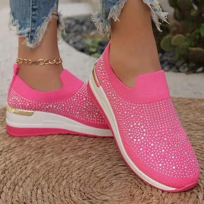 Women's Rhinestone Decor Platform Sneakers Slip-On Outdoor Shoes