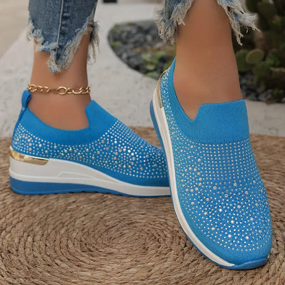Women's Rhinestone Decor Platform Sneakers Slip-On Outdoor Shoes