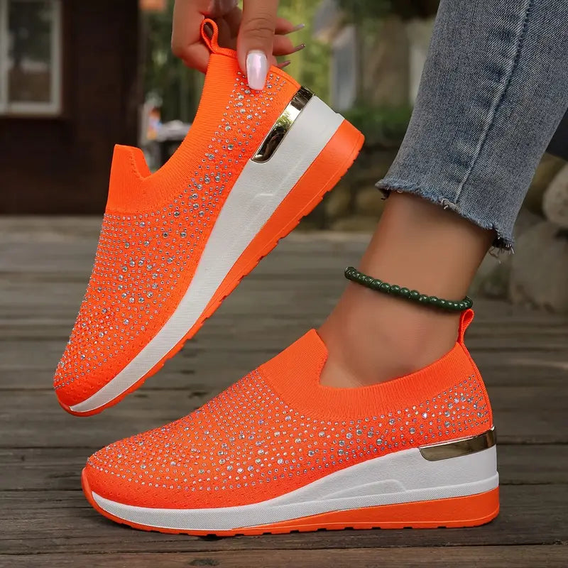 Women's Rhinestone Decor Platform Sneakers Slip-On Outdoor Shoes
