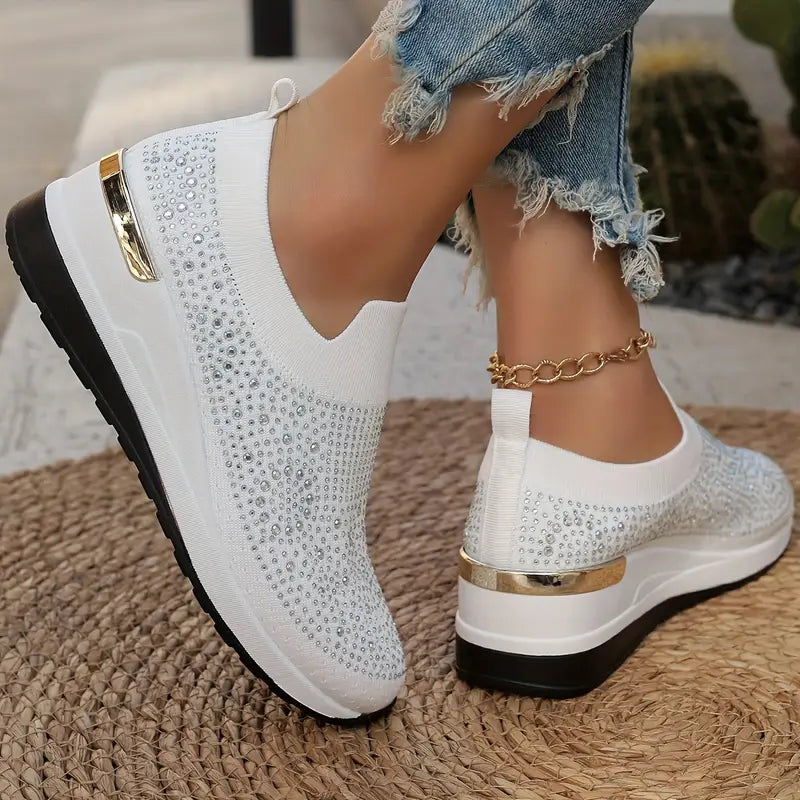 Women's Rhinestone Decor Platform Sneakers Slip-On Outdoor Shoes