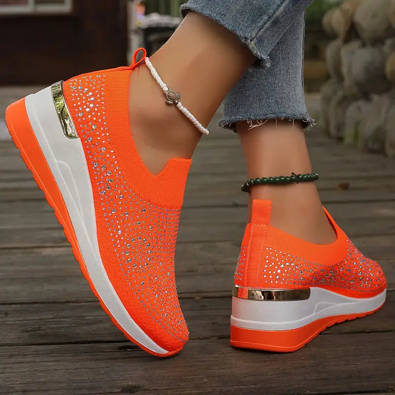 Women's Rhinestone Decor Platform Sneakers Slip-On Outdoor Shoes