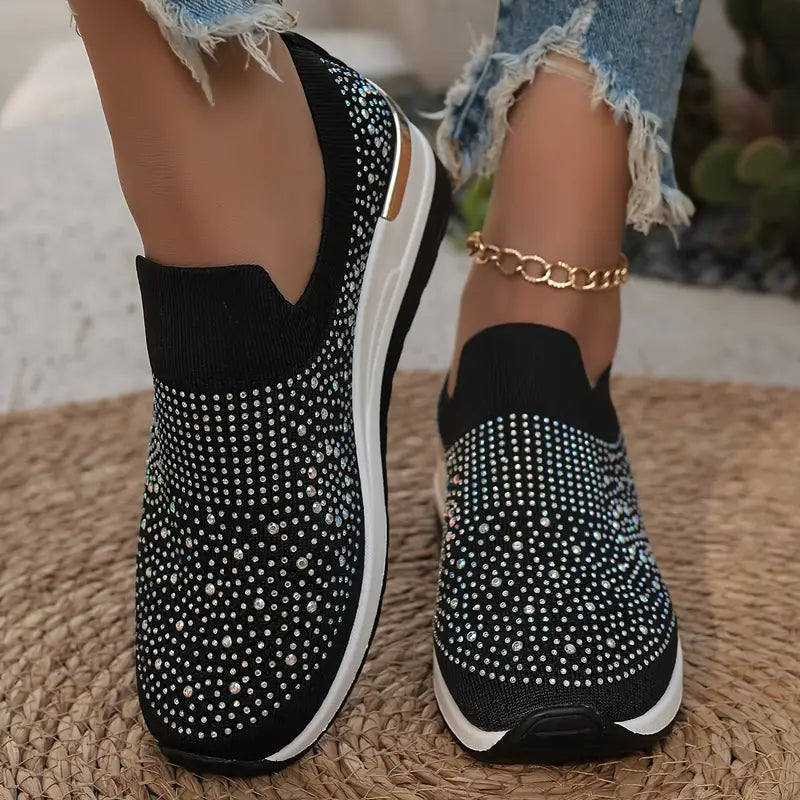 Women's Rhinestone Decor Platform Sneakers Slip-On Outdoor Shoes