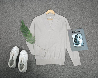 SIMPLE PLAIN LONG SLEEVE V-NECK SWEATER
