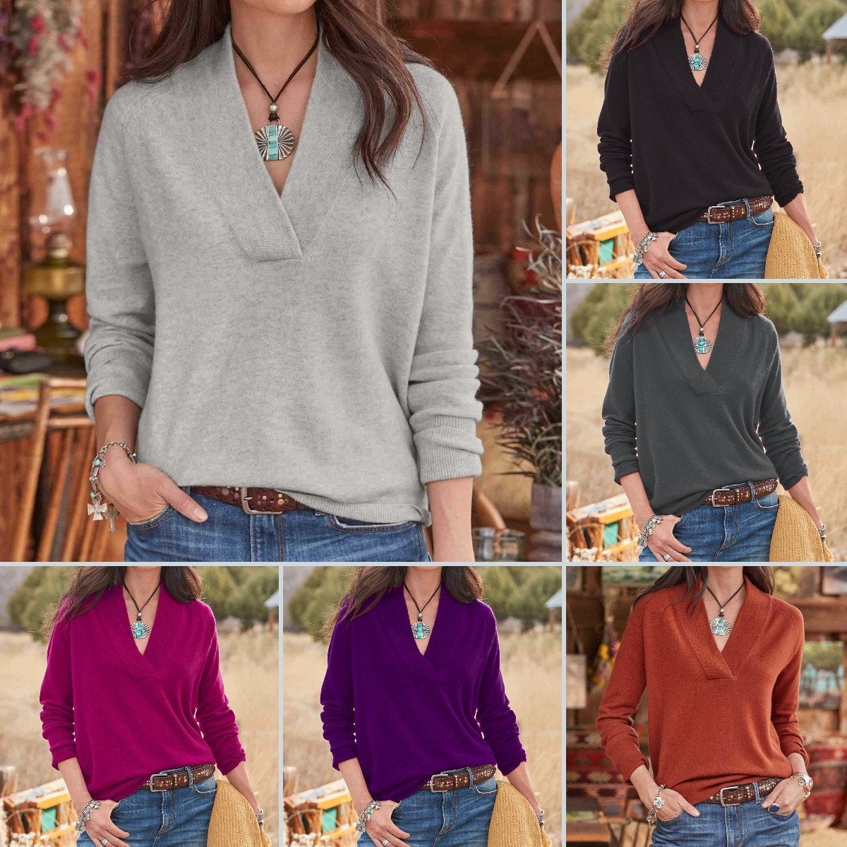 SIMPLE PLAIN LONG SLEEVE V-NECK SWEATER