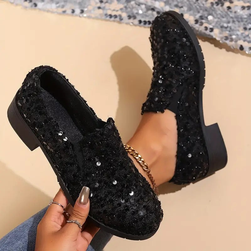 Women's Sequins Decor Chunky Heel Loafers