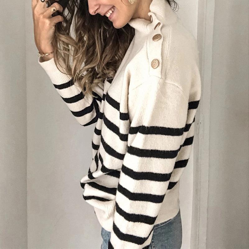 SHOULDER STRAPS BUTTON STRIPE SWEATER