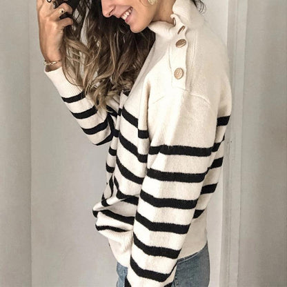 SHOULDER STRAPS BUTTON STRIPE SWEATER