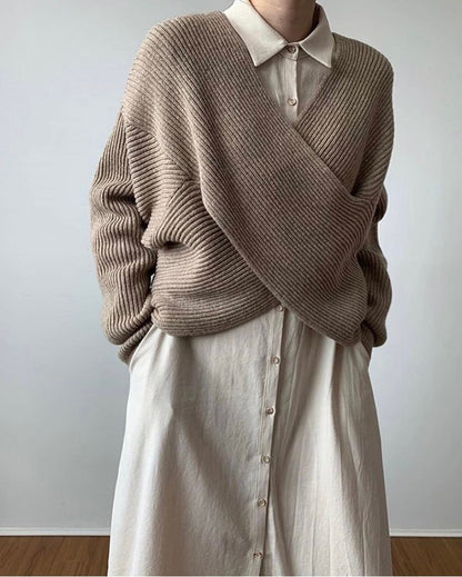 Simple Big V Neck Cross Design Loose Sweater