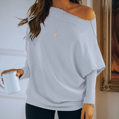 Sloping Shoulder Long-Sleeved Loose Knit Pullover Sweater