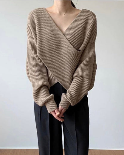 Simple Big V Neck Cross Design Loose Sweater