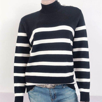 SHOULDER STRAPS BUTTON STRIPE SWEATER