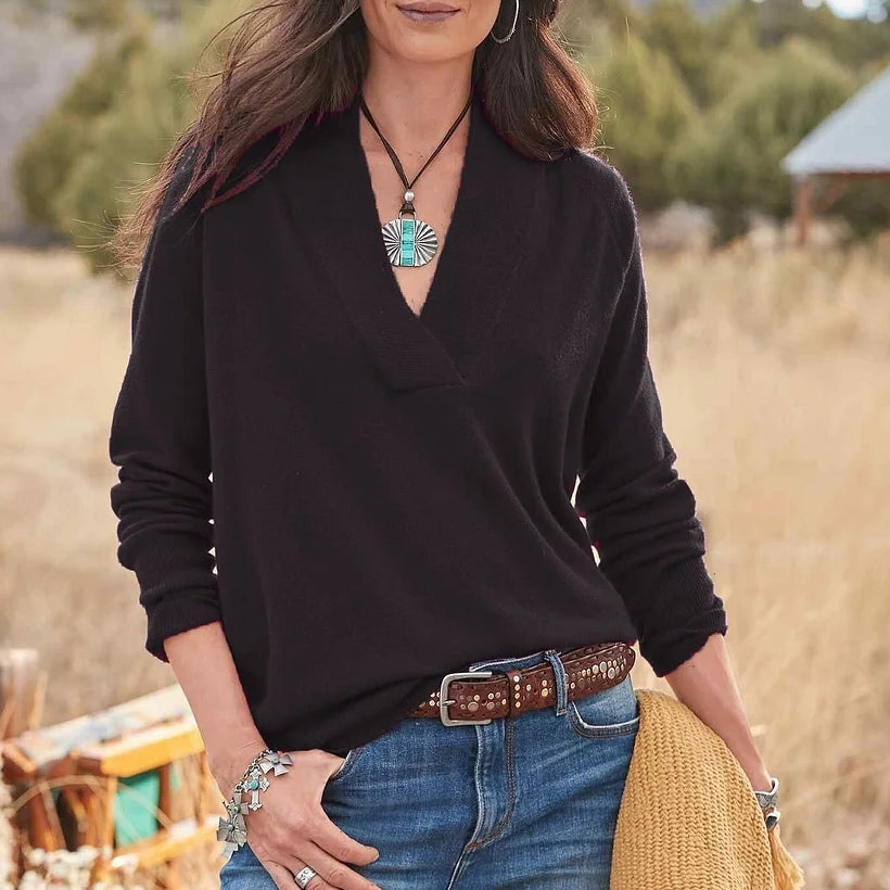 SIMPLE PLAIN LONG SLEEVE V-NECK SWEATER