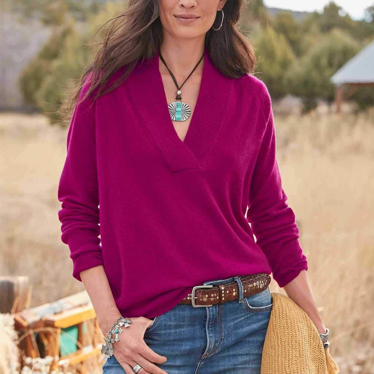 SIMPLE PLAIN LONG SLEEVE V-NECK SWEATER