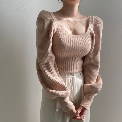 Plain Knit Top With Square Collar And Bubble Sleeves
