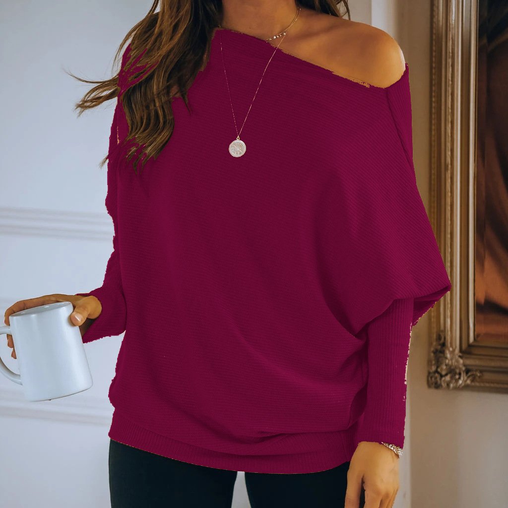 Sloping Shoulder Long-Sleeved Loose Knit Pullover Sweater