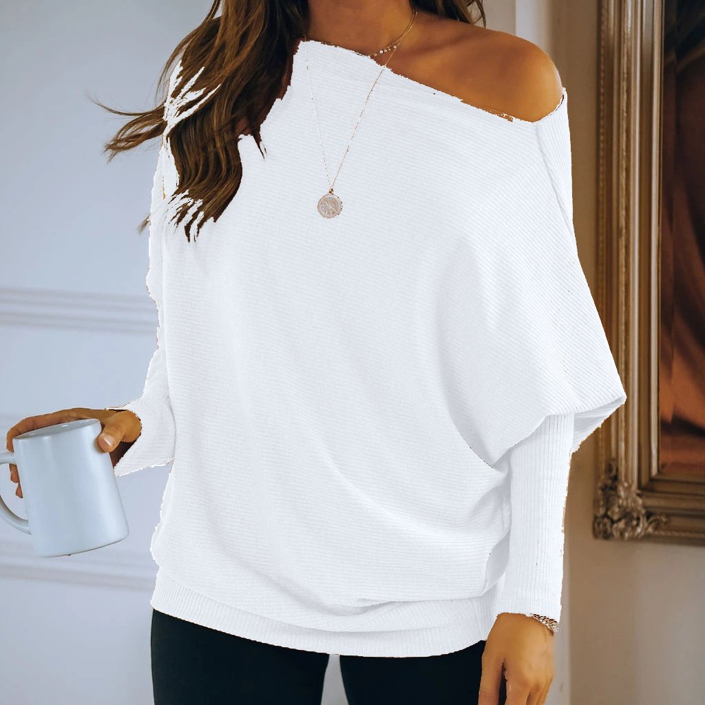 Sloping Shoulder Long-Sleeved Loose Knit Pullover Sweater