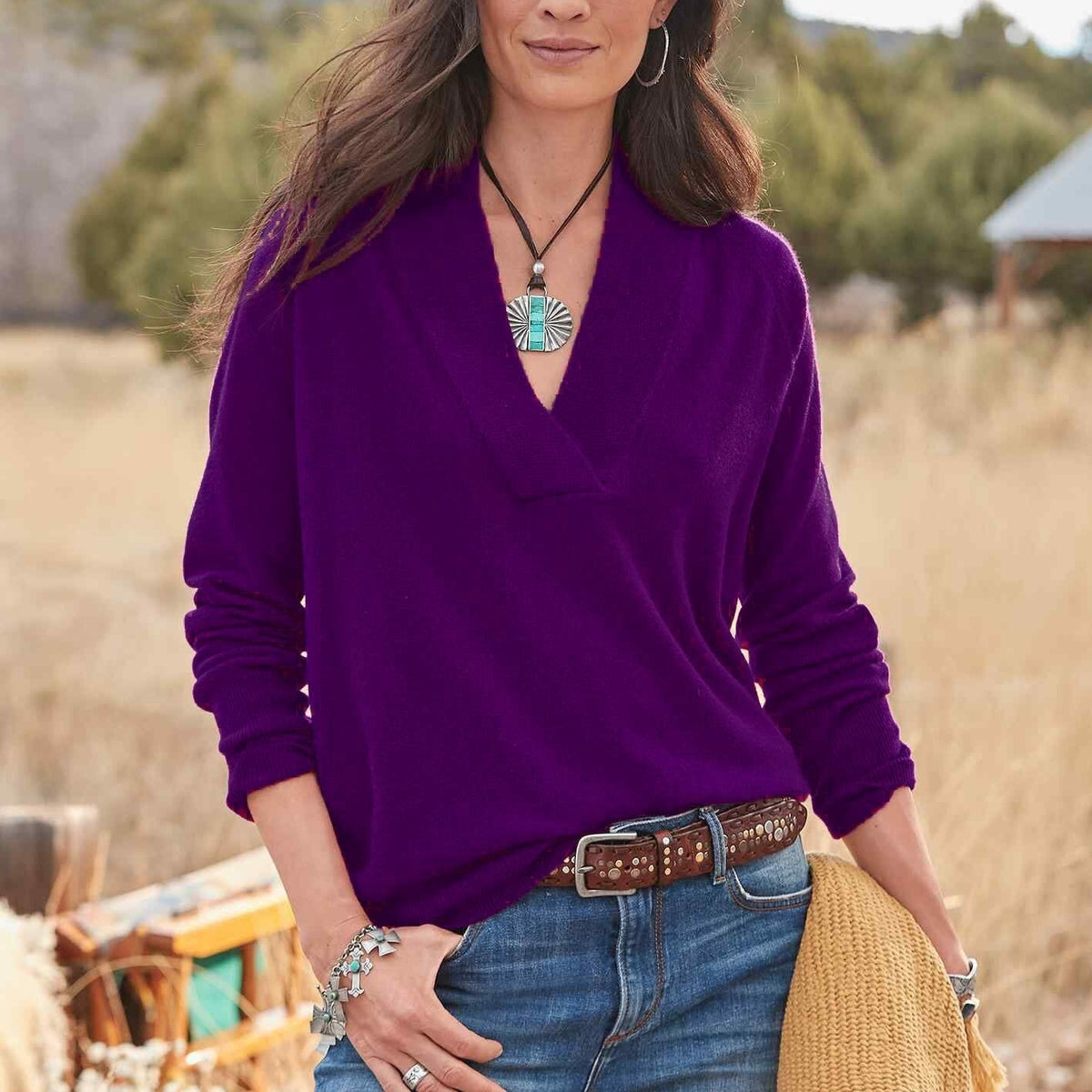 SIMPLE PLAIN LONG SLEEVE V-NECK SWEATER