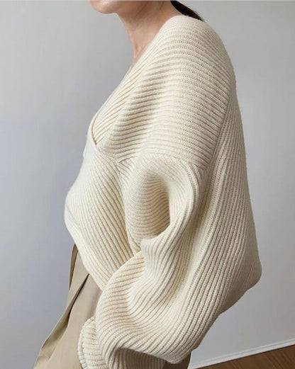 Simple Big V Neck Cross Design Loose Sweater