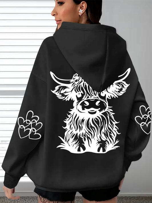 Women's Cozy Highland Cow Long Sleeve Hoodie Pullover Casual Wear for Everyday