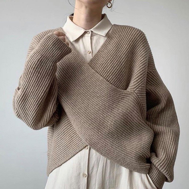 Simple Big V Neck Cross Design Loose Sweater