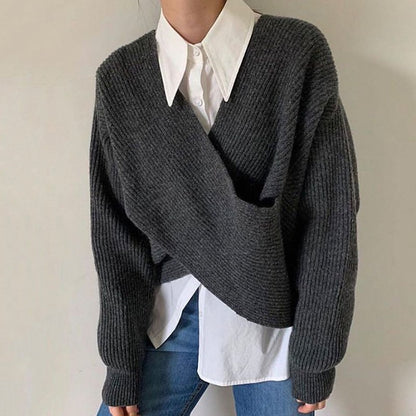 Simple Big V Neck Cross Design Loose Sweater
