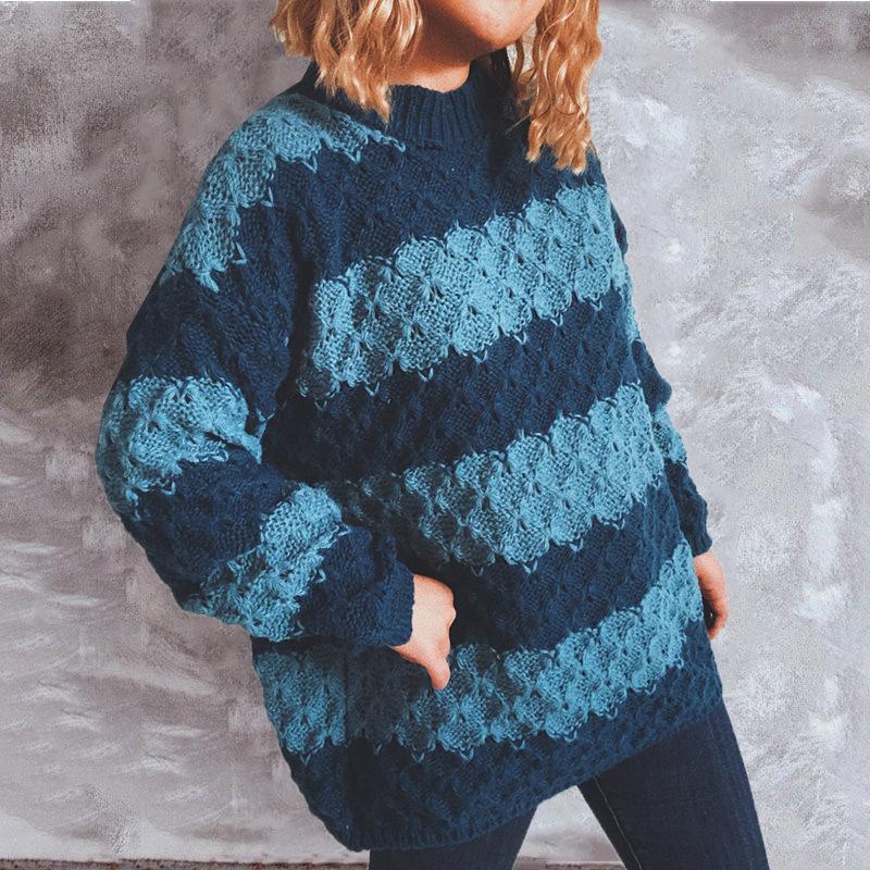 STYLISH COLOR BLOCK PRINT ROUND NECK SWEATER